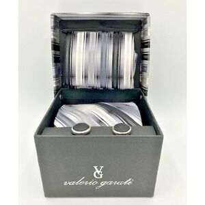 Valerio Garati Handmade 100% Silk Tie w/Hanky & Cuff Links NIB Gray Black White‎